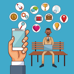Hand usign smartphone and businessman seated checking social networks vector illustration graphic design