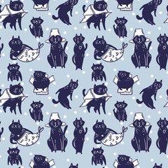 Cute cartoon cats with happy expression, walking, sitting, sleeping. Hand drawn seamless pattern. Vector.