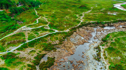 Aerial view over Hiking trails on the Isle of Skye in Scotland