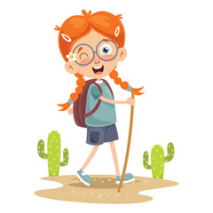 Vector Illustration Of Kid Trekking