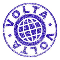 VOLTA stamp watermark with grunge texture. Blue vector rubber seal imprint of VOLTA caption with grunge texture. Seal has words placed by circle and globe symbol.