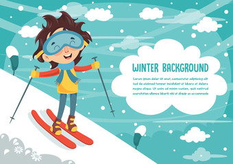 Vector Illustration Of Kid Skiing