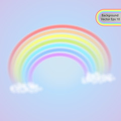 Rainbow in the clouds. Realistic rainbow effect in the form of an arch in a gentle color palette. Vector illustration of a summer symbol.