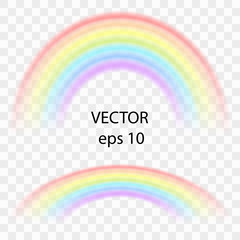Rainbow on a transparent background. Realistic rainbow effect in the form of an arch in a delicate color palette. Vector illustration of a summer symbol for colorful design elements.