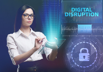 The concept of business, technology, the Internet and the network. A young entrepreneur working on a virtual screen of the future and sees the inscription: digital disruption