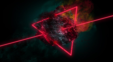 Space abstract background, burning comet, flash, laser through the stone, bright colors