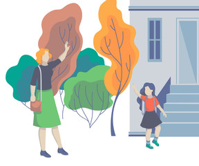 Mom and daughter waving hands at each other. Parent taking child to school. Back to school. Concept of friendly family. Vector illustration 