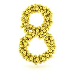 3D render number 8 made of yellow points balls, bowl alphabet