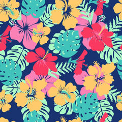 tropical leaves and flowers hibiscus flower hawaii summer background. - obrazy, fototapety, plakaty