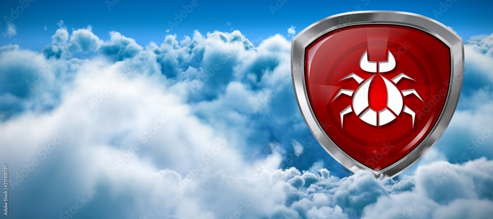 Wall mural composite image of a red bug badge