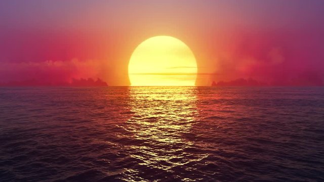 Seamlessly looped flight over ocean at fantasy sunset.