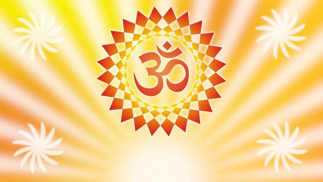 Mandala with the Aum / Om / Ohm sign against the background of the rotating rays of the rising sun. 4 small mandalas at the corners of the frame. Video.