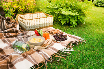 Picnic on the grass in the Park, on a checkered brown plaid snacks, vegetables, fruits, water in the Bank and glasses, without people.