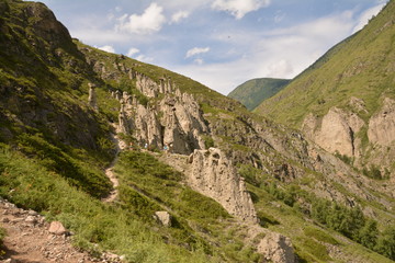 mountains, landscape, nature, waterfall, view, sky, air, oxygen, autumn, season, grass, trees, blue, yellow, sand, stone, gray, brown, water, river, rocks, rock, blue, Alt