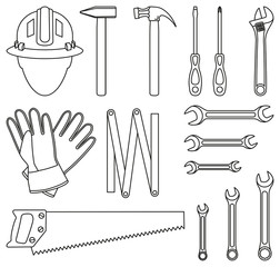 Line art black and white 15 handyman tools set