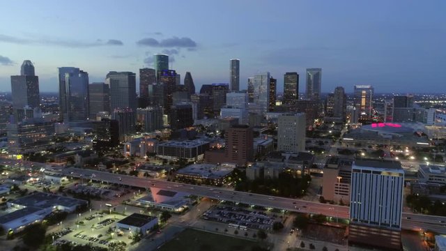 This video is of an aerial view of downtown Houston skyline at night. This video was filmed in 4k for best image quality.