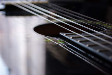 Detail of classic acoustic guitar with shallow DOF and blur.