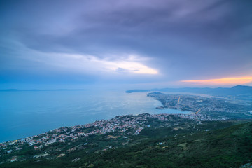Aerial view of city Split and adriatic sea during the sunset,long exposure shot