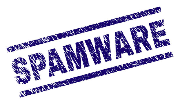 SPAMWARE seal print with grunge style. Blue vector rubber print of SPAMWARE caption with scratched texture. Text caption is placed between parallel lines.