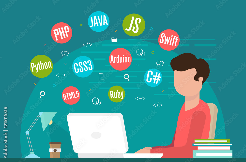 Poster programming banner, coding, best programming languages, flat illustration concept