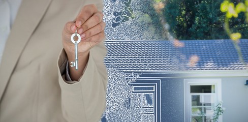 Composite image of mid section of female executive showing new