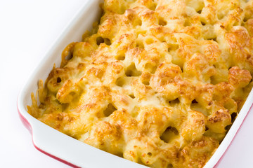 Typical American macaroni and cheese isolated on white background