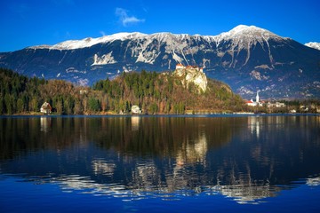 Fototapeta premium Old medieval castle on the rock against the snowy mountains and the blue sky, Lake Bled, Slovenia