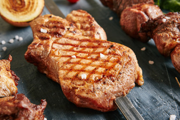 Pork Loin Barbecue Steak on a Skewer Close Up