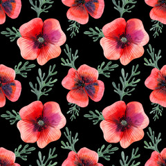 Watercolor seamless pattern poppy flowers and leaves