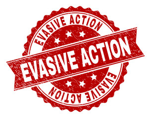 EVASIVE ACTION seal print with corroded texture. Rubber seal imitation has round medallion form and contains ribbon. Red vector rubber print of EVASIVE ACTION title with dirty texture.