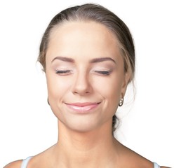 Obraz premium Closeup of a Woman Smiling with Eyes Closed
