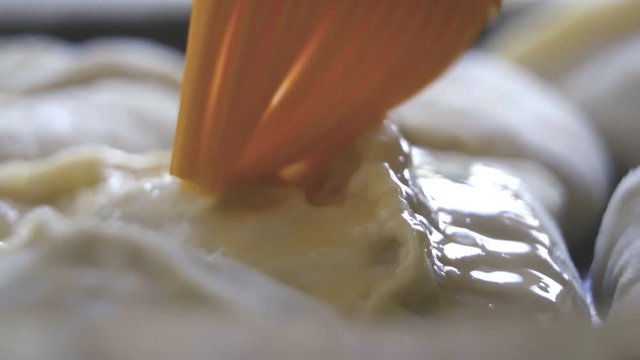 preparation of baking close-up. delicious scones smeared with cooking brush with egg. macro dough