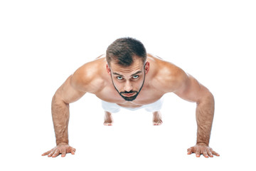 Push ups. bodybuilder posing. Beautiful sporty guy male power. Fitness muscled manin white lingerie. on isolated white background.