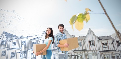 Obraz premium Composite image of happy young couple with moving boxes