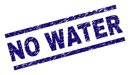 NO WATER seal print with scratced style. Blue vector rubber print of NO WATER text with dust texture. Text caption is placed between parallel lines.