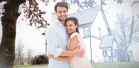 Composite image of attractive young couple hugging and smiling