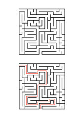 A square maze for children. Simple flat vector illustration isolated on white background. With the answer.