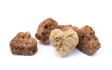 Oatmeal heart dessert isolated on white background