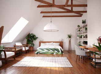 Modern bright open space interior in attic, 3d render