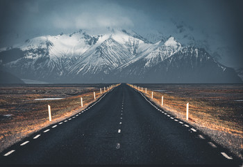 Street Highway Ring road No.1 in Iceland, with view towards mountain. Southern side if the country. - obrazy, fototapety, plakaty