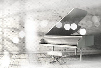 Concepto de música y piano de cola blanco en habitación. Música clásica y jazz. Fondo surreal...