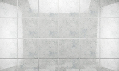 Fondo de baldosas limpias y brillantes blancas en el baño.Concepto de limpieza e higiene en el hogar. - obrazy, fototapety, plakaty
