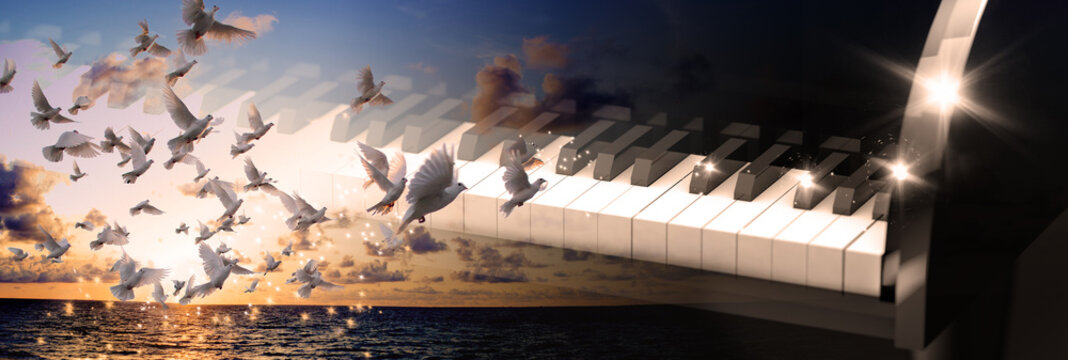 Fondo de concepto de m&uacute;sica cristiana evang&eacute;lica. Dise&ntilde;o musical con piano y puesta de sol,paisaje con palomas blancas