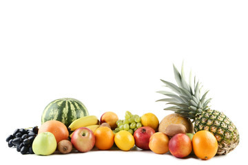 Different ripe fruits on white background