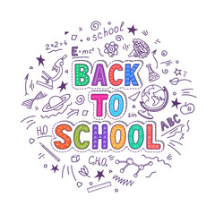 Back to school. Hand lettering with doodles on white background. Vector illustration.