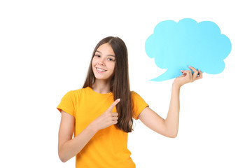 Young girl with speech bubble on white background