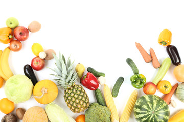 Fototapeta na wymiar Ripe fruits and vegetables on white background