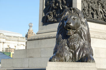 LONDON-ENGLAND-JAN 21, 2017: The famous statues of four lions in Trafalgar Square, surrounding Nelson's Column, are commonly known as the Landseer Lions after the artist who created them.