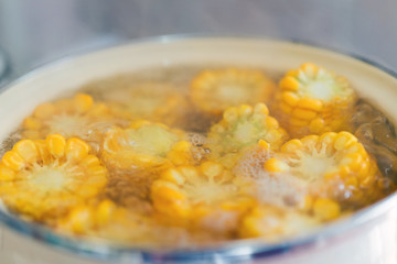 the process of making sweet corn in a pot on the gas stove at home