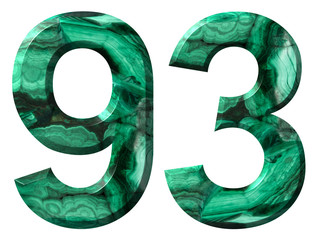 Arabic numeral 93, ninety three, from natural green malachite, isolated on white background